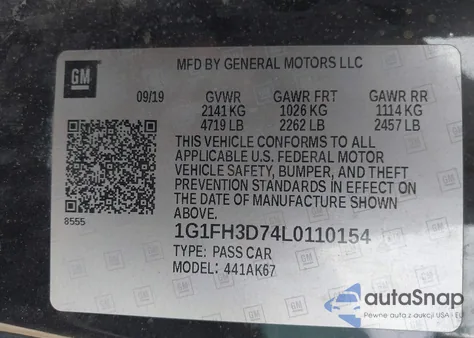 2020 Chevrolet Camaro Rwd 2Ss z USA, uszkodzony, nr VIN 1G1FH3D74L0110154